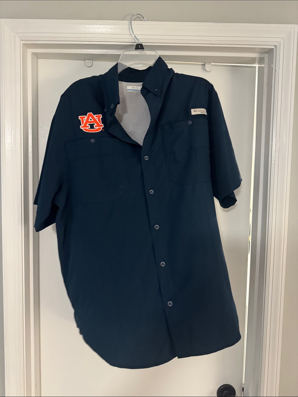 Columbia Navy Short-Sleeve Button-Down with Auburn Patch